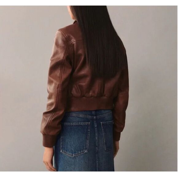 Mango MNG $240 Brown 100% Leather Jacket bomber coat women's medium NWT - Picture 2 of 13